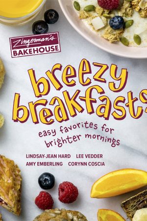 Words playfully spelling breezy breakfasts. Oatmeal and berries pictured as well